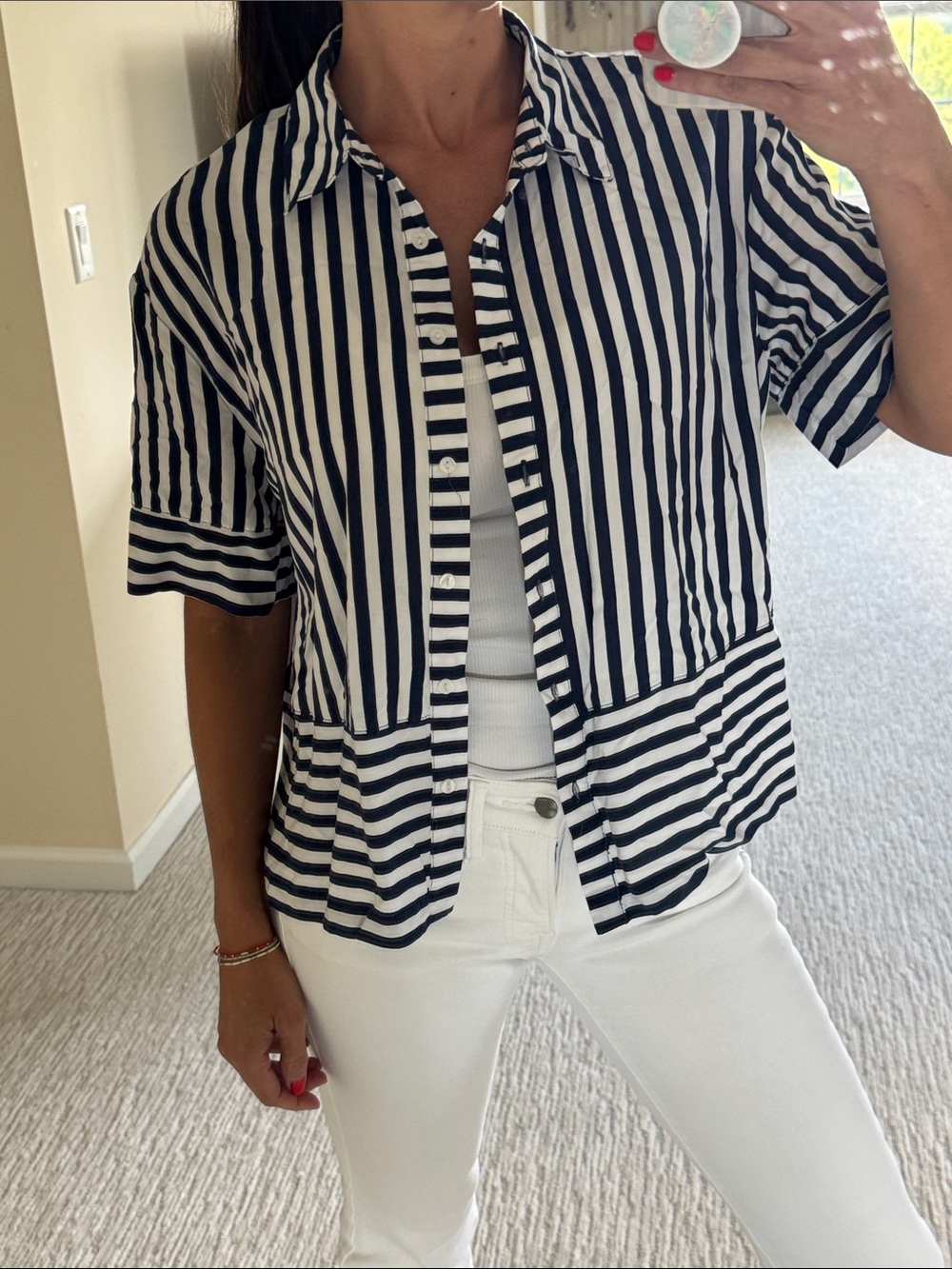Navy and White Striped Button-Up Shirt